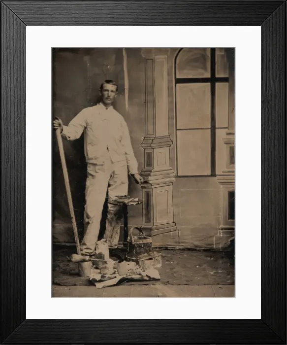 Framed Print : [Painter, Standing in Front of a Painted Window Backdrop, with Brushes, Bucket, and P Framed Print : [Painter, Standing in Front of a Painted Window Backdrop, with Brushes, Bucket, and P