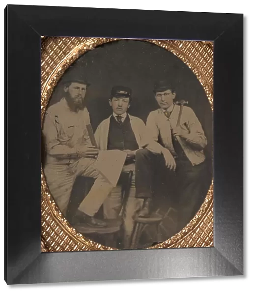 [Three Carpenters, Standing, Holding a Ruler, Hammer, and Sheet of Paper], 1850s-60s