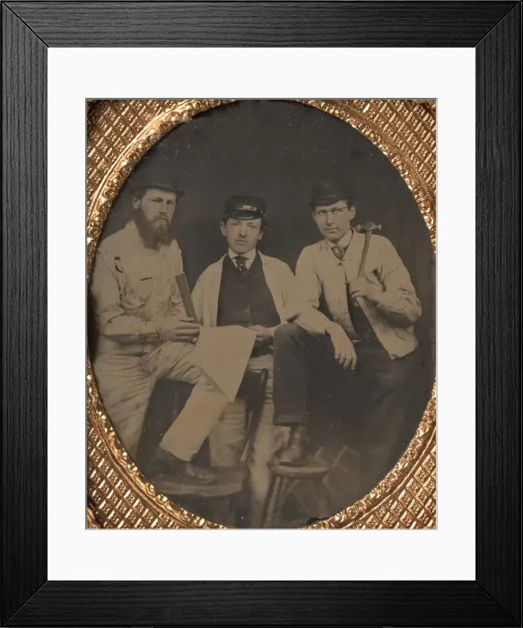 Framed Print : [Three Carpenters, Standing, Holding a Ruler, Hammer, and Sheet of Paper], 1850s-60s