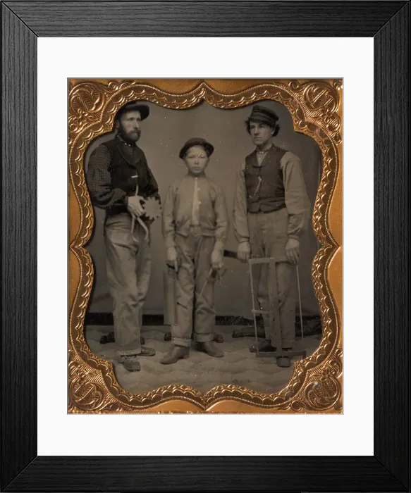 Framed Print : Two Men and a Boy with Outside Calipers, Backsaw, Square, and Frame Saw, 1860s Framed Print : Two Men and a Boy with Outside Calipers, Backsaw, Square, and Frame Saw, 1860s