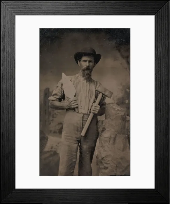 Framed Print : Mason (?) Holding a Trowel and Sledgehammer, 1870s-80s. Creator: Unknown Framed Print : Mason (?) Holding a Trowel and Sledgehammer, 1870s-80s. Creator: Unknown