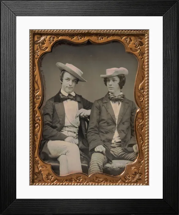 Framed Print : Two Seated Young Men Wearing Gingham Trousers, Bow Ties, and Brimmed, Soft Hats, 1850s Framed Print : Two Seated Young Men Wearing Gingham Trousers, Bow Ties, and Brimmed, Soft Hats, 1850s