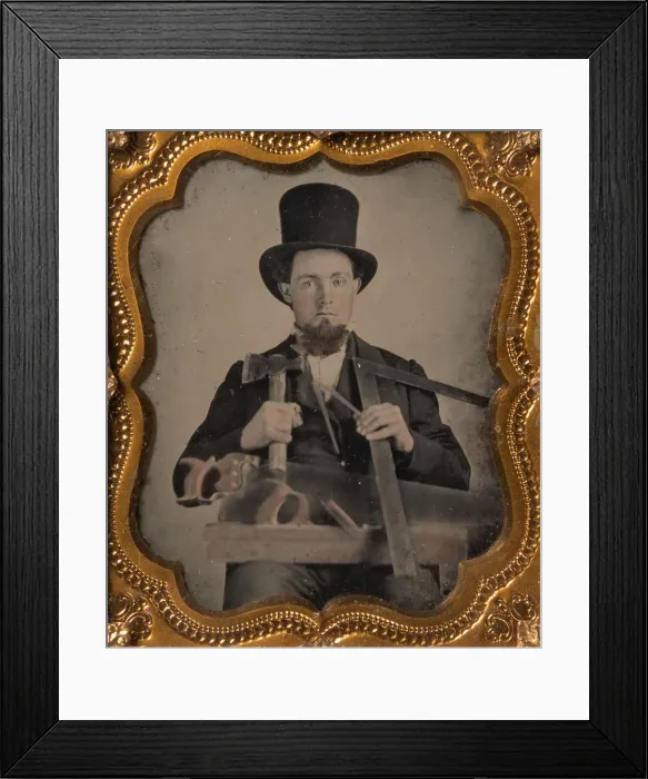 Framed Print : Carpenter in Top Hat with Hatchet, Compass, Square, and Hand Saw, 1850s-60s Framed Print : Carpenter in Top Hat with Hatchet, Compass, Square, and Hand Saw, 1850s-60s