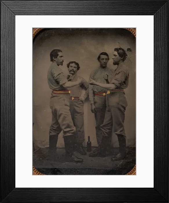 Framed Print : Four Pugilists with a Bottle at Their Feet, 1870-80s. Creator: Unknown Framed Print : Four Pugilists with a Bottle at Their Feet, 1870-80s. Creator: Unknown
