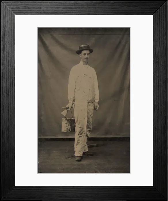 Framed Print : Painter in Paint-spattered Overalls with Brushes and Paint Can, 1870s-80s Framed Print : Painter in Paint-spattered Overalls with Brushes and Paint Can, 1870s-80s