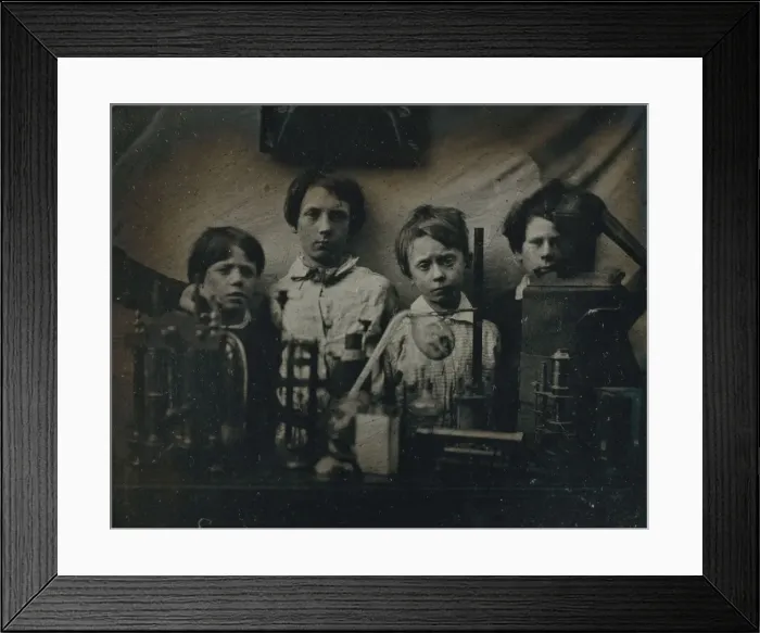 Framed Print : Boys Behind a Science Experiment, late 1850s. Creator: Unknown Framed Print : Boys Behind a Science Experiment, late 1850s. Creator: Unknown