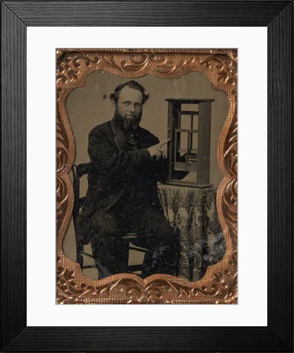 Framed Print : Seated Man Demonstrating Vertical Sliding Window Model, late 1850s-60s. Creator: Unknown Framed Print : Seated Man Demonstrating Vertical Sliding Window Model, late 1850s-60s. Creator: Unknown