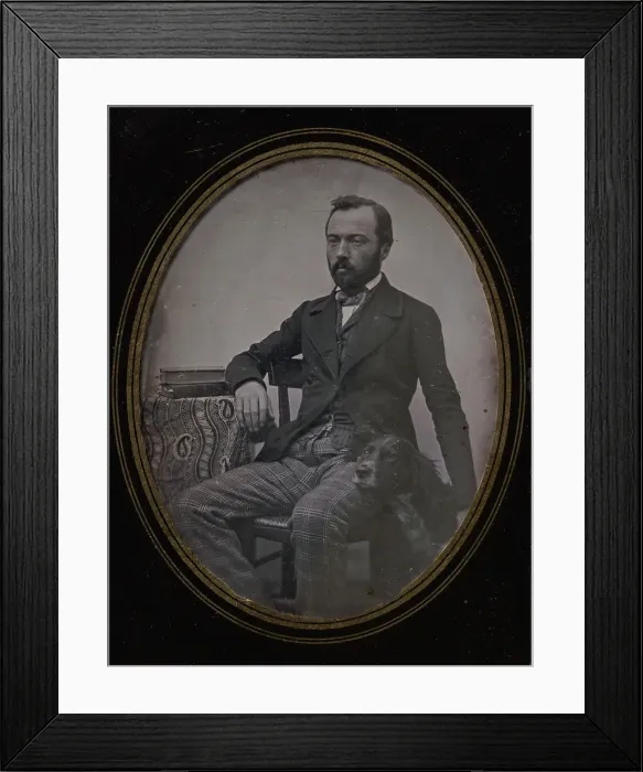 Framed Print : Man Seated at Table with Dog, 1840s. Creator: Unknown Framed Print : Man Seated at Table with Dog, 1840s. Creator: Unknown