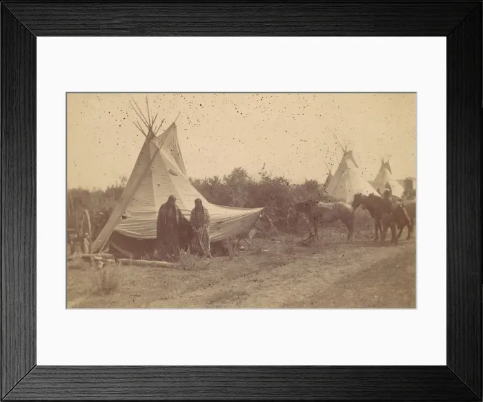 Framed Print : Native American Women and Horses by Teepee in Camp, 1880s-90s. Creator: Unknown Framed Print : Native American Women and Horses by Teepee in Camp, 1880s-90s. Creator: Unknown