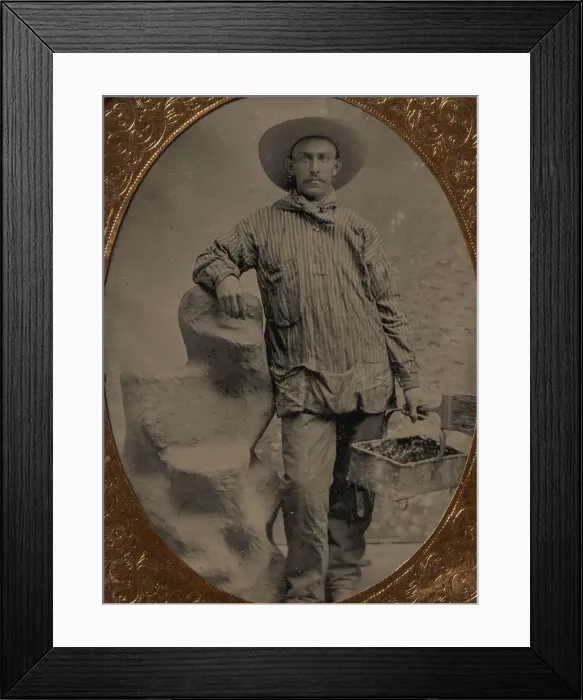 Framed Print : Workman Holding Brush and Rectangular Tray, Arm Resting on Fake Rock, 1860s-80s Framed Print : Workman Holding Brush and Rectangular Tray, Arm Resting on Fake Rock, 1860s-80s