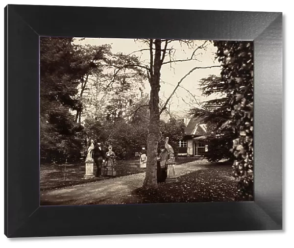 Autumn Scene with People on Lawn near Cottage, ca. 1855. Creator: Unknown