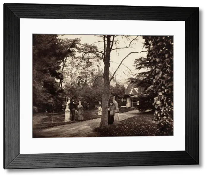 Framed Print : Autumn Scene with People on Lawn near Cottage, ca. 1855. Creator: Unknown Framed Print : Autumn Scene with People on Lawn near Cottage, ca. 1855. Creator: Unknown