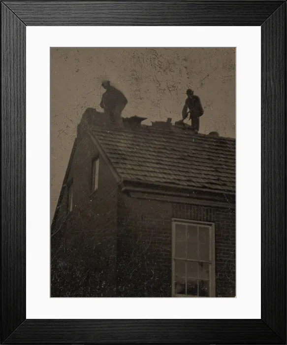 Framed Print : Two Roofers Working Atop a Building, 1860s-80s. Creator: Unknown Framed Print : Two Roofers Working Atop a Building, 1860s-80s. Creator: Unknown