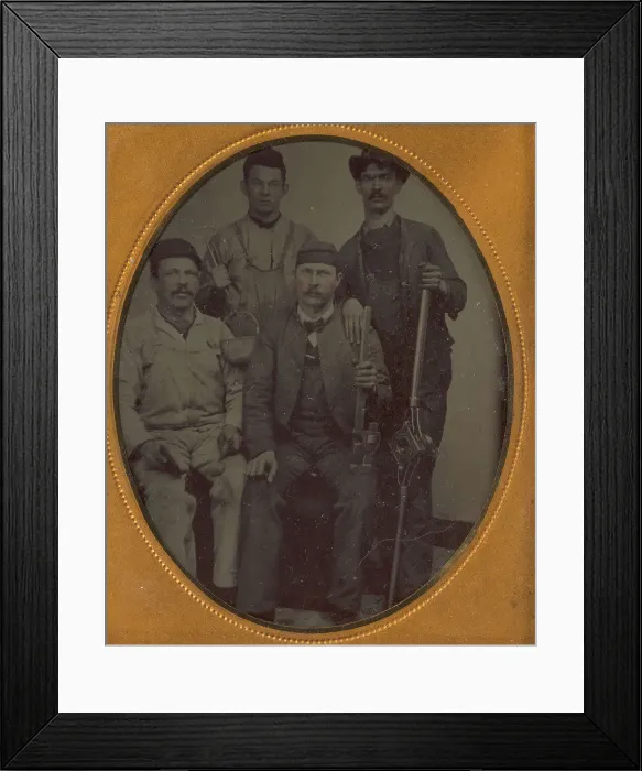 Framed Print : Four Pipe Fitters with Tools, late 1850s-70s. Creator: Unknown Framed Print : Four Pipe Fitters with Tools, late 1850s-70s. Creator: Unknown