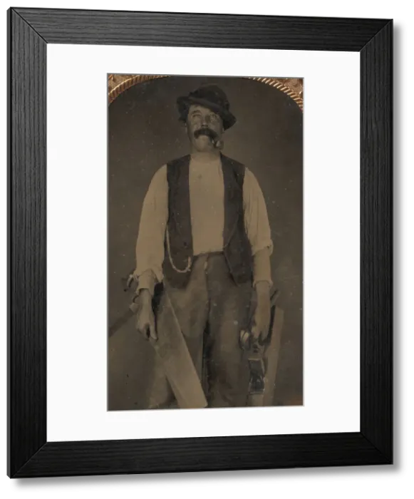 Framed Print : Carpenter with Saw, Hammer, and Jointer, 1860s-70s. Creator: Unknown Framed Print : Carpenter with Saw, Hammer, and Jointer, 1860s-70s. Creator: Unknown