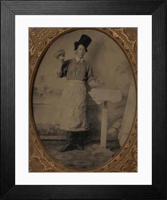 Framed Print : Stone Mason in Top Hat and Apron with Mallet and Chisel, 1870s-80s. Creator: Unknown Framed Print : Stone Mason in Top Hat and Apron with Mallet and Chisel, 1870s-80s. Creator: Unknown
