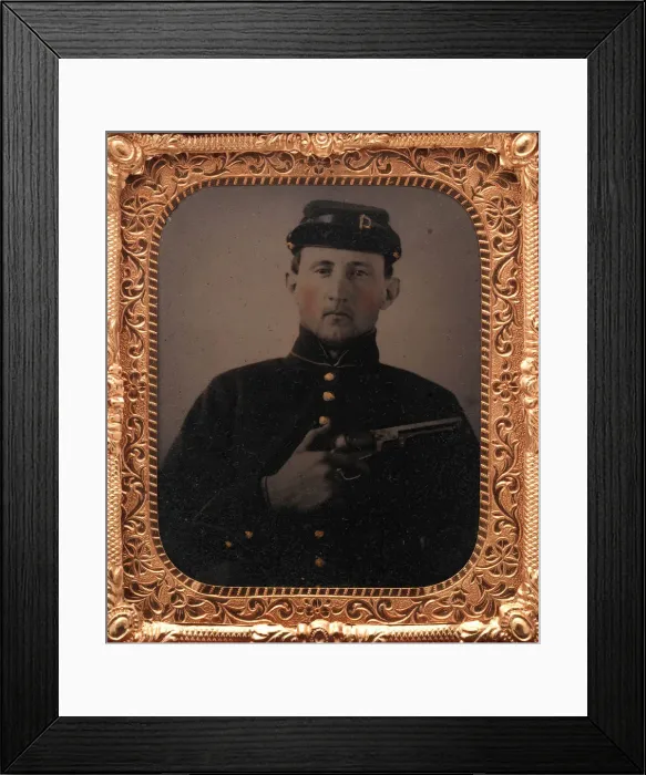 Framed Print : Union Soldier with Colt Revolver, in Studio, 1861-65. Creator: Unknown Framed Print : Union Soldier with Colt Revolver, in Studio, 1861-65. Creator: Unknown