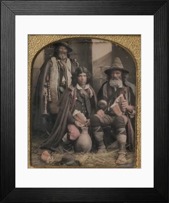 Framed Print : Three Men in Shepherd Attire, One with Bagpipes, the Other Two Holding Bread, 1850s Framed Print : Three Men in Shepherd Attire, One with Bagpipes, the Other Two Holding Bread, 1850s