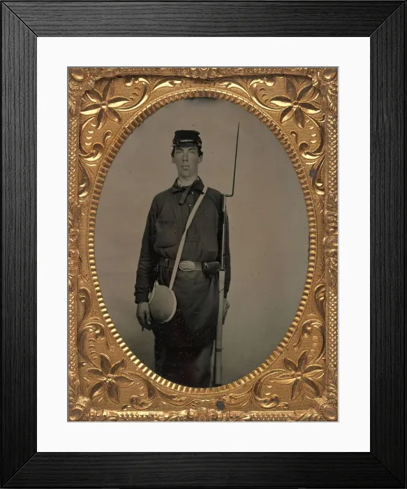 Framed Print : Civil War Union Soldier with Rifle and Canteen, in Studio, 1861-65. Creator: Unknown Framed Print : Civil War Union Soldier with Rifle and Canteen, in Studio, 1861-65. Creator: Unknown
