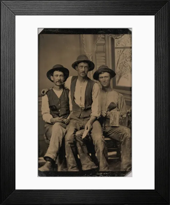 Framed Print : Three Painters, with Brushes and a Can of Paint, in Front of a Painted Window Backdrop Framed Print : Three Painters, with Brushes and a Can of Paint, in Front of a Painted Window Backdrop