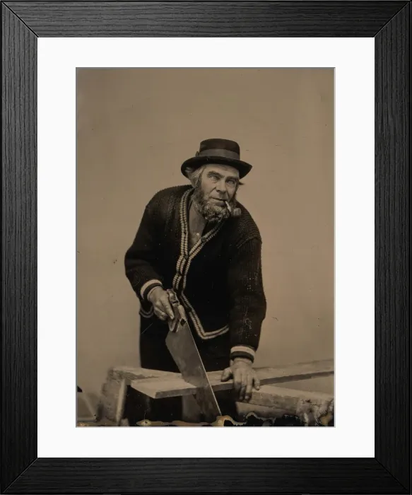Framed Print : Carpenter Sawing a Plank of Wood, 1880s-90s. Creator: Unknown Framed Print : Carpenter Sawing a Plank of Wood, 1880s-90s. Creator: Unknown