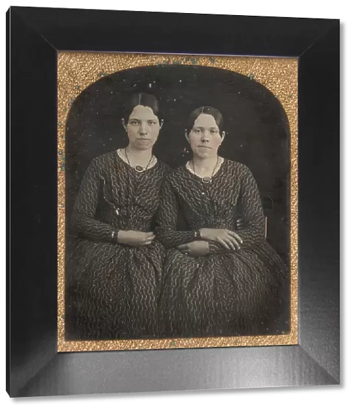Two Seated Young Women Identically Dressed, 1840s. Creator: Unknown