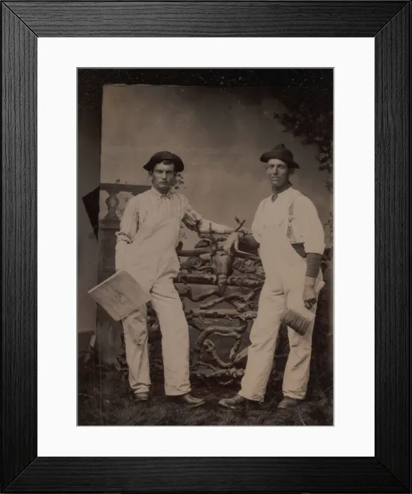 Framed Print : Two Plasterers in Overalls Leaning on a Rustic Fence, 1870s-80s. Creator: Unknown Framed Print : Two Plasterers in Overalls Leaning on a Rustic Fence, 1870s-80s. Creator: Unknown