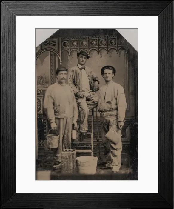 Framed Print : Three Painters, Arranged On and Around a Ladder, with Brushes, Bucket, and Paint Can Framed Print : Three Painters, Arranged On and Around a Ladder, with Brushes, Bucket, and Paint Can