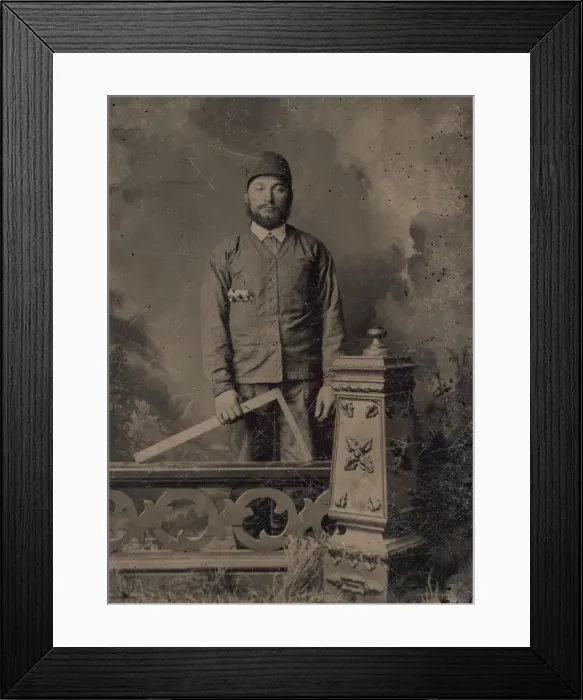 Framed Print : Carpenter, Standing Behind a Decorative Balustrade, Holding a Square, 1870s Framed Print : Carpenter, Standing Behind a Decorative Balustrade, Holding a Square, 1870s