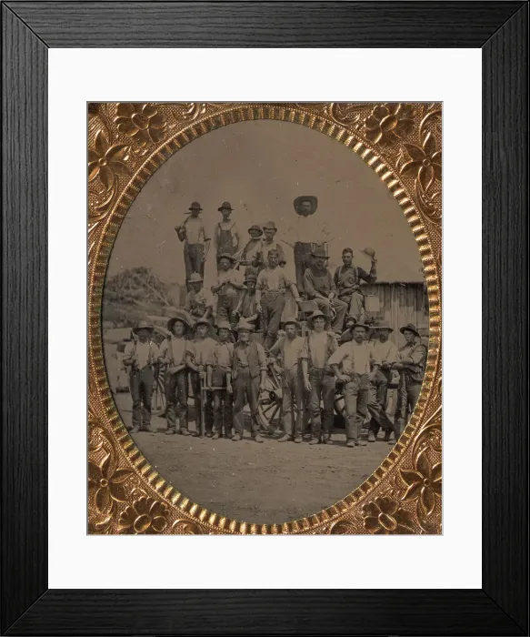 Framed Print : Crew of Twenty-one Workmen Posing With Tools Outdoors, 1860s-80s. Creator: Unknown Framed Print : Crew of Twenty-one Workmen Posing With Tools Outdoors, 1860s-80s. Creator: Unknown
