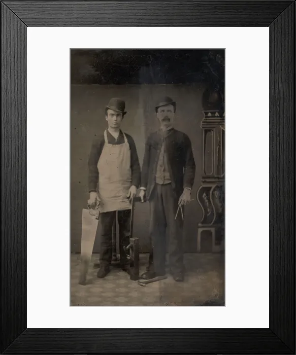 Framed Print : Two Carpenters with a Handsaw, Wood Plane, Hammer, Compass, and Square, 1880s Framed Print : Two Carpenters with a Handsaw, Wood Plane, Hammer, Compass, and Square, 1880s