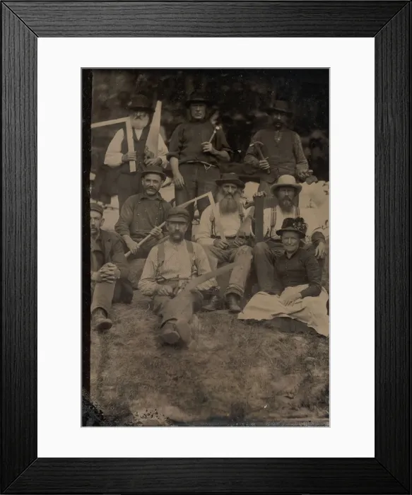 Framed Print : A Woman and Eight Carpenters Posed Outdoors, 1880s. Creator: Unknown Framed Print : A Woman and Eight Carpenters Posed Outdoors, 1880s. Creator: Unknown