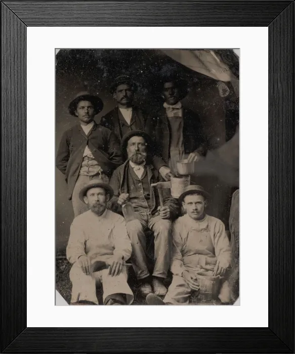 Framed Print : Six Workmen Holding Various Trade Tools: Paint Brushes, Bucket, Glass Bottle, and Ha Framed Print : Six Workmen Holding Various Trade Tools: Paint Brushes, Bucket, Glass Bottle, and Ha