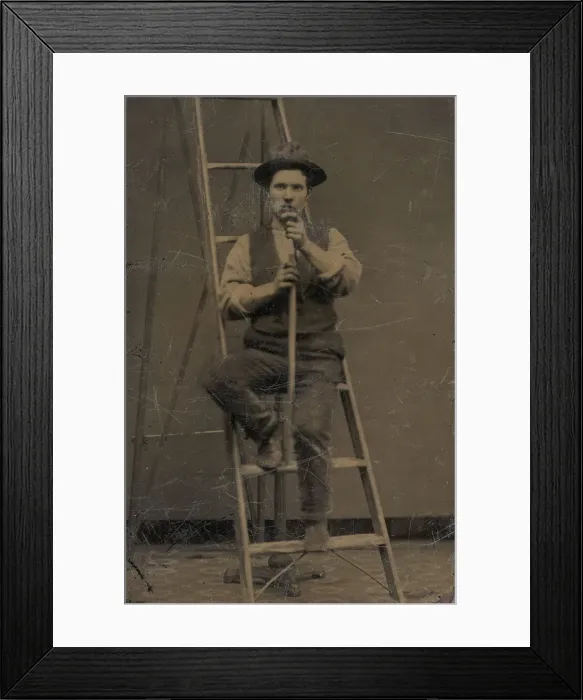 Framed Print : Man on a Ladder, 1860s-80s. Creator: Unknown Framed Print : Man on a Ladder, 1860s-80s. Creator: Unknown