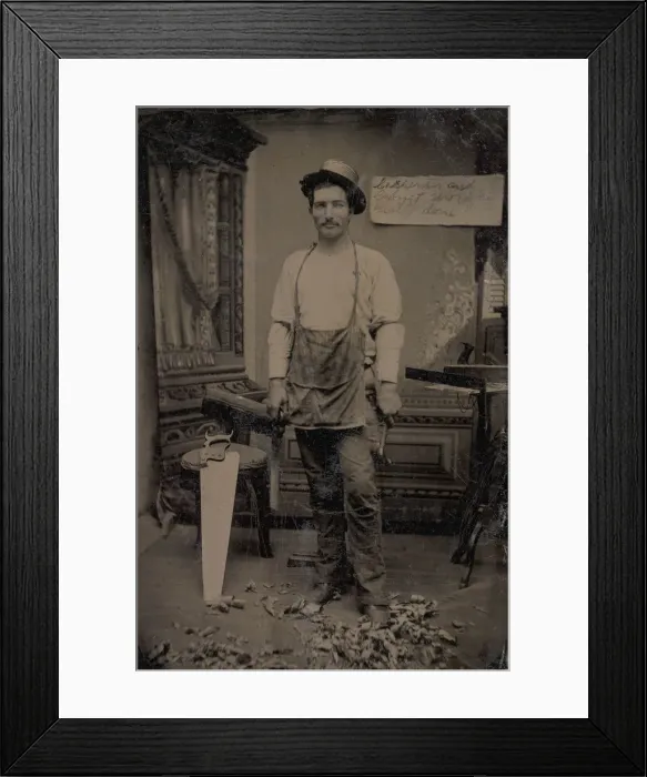 Framed Print : Carpenter or Cabinetmaker Standing Before a Sign Advertising His Trade, 1860s-80s Framed Print : Carpenter or Cabinetmaker Standing Before a Sign Advertising His Trade, 1860s-80s