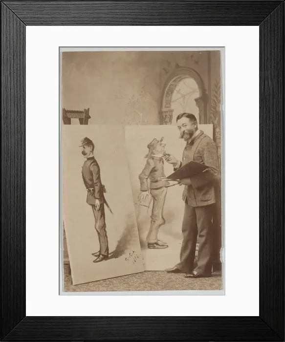 Framed Print : Full-length Portrait of Thomas Nast with Two Caricatures, ca. 1888. ca. 1888 Framed Print : Full-length Portrait of Thomas Nast with Two Caricatures, ca. 1888. ca. 1888