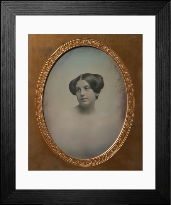 Framed Print : Young Woman with Hair Styled in Two Buns, 1850s. Creators: Josiah Johnson Hawes Framed Print : Young Woman with Hair Styled in Two Buns, 1850s. Creators: Josiah Johnson Hawes