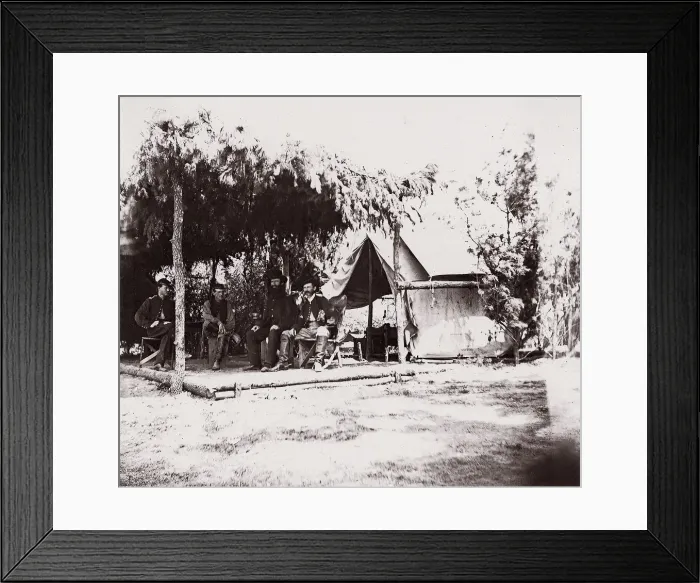 Framed Print : [Four men in camp under a lean-to of pine boughs], 1861-65. Creator: Unknown