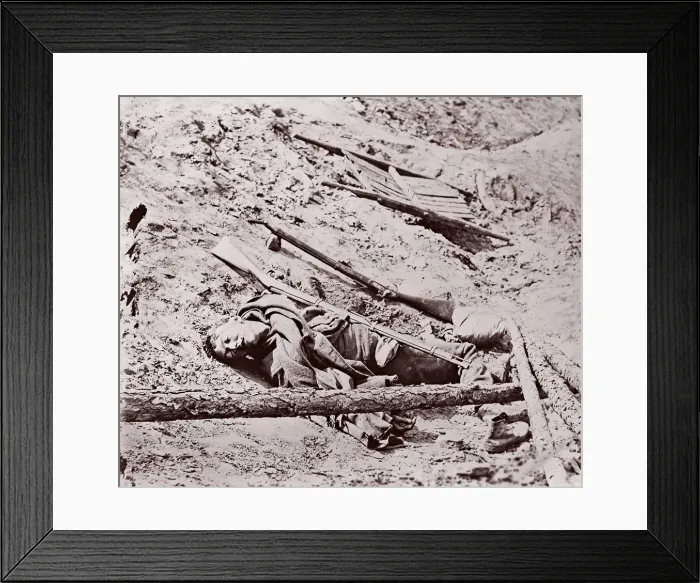 Framed Print : Dead Confederate Soldier at Fort Mahone, Petersburg, 1864. Creator: Unknown Framed Print : Dead Confederate Soldier at Fort Mahone, Petersburg, 1864. Creator: Unknown