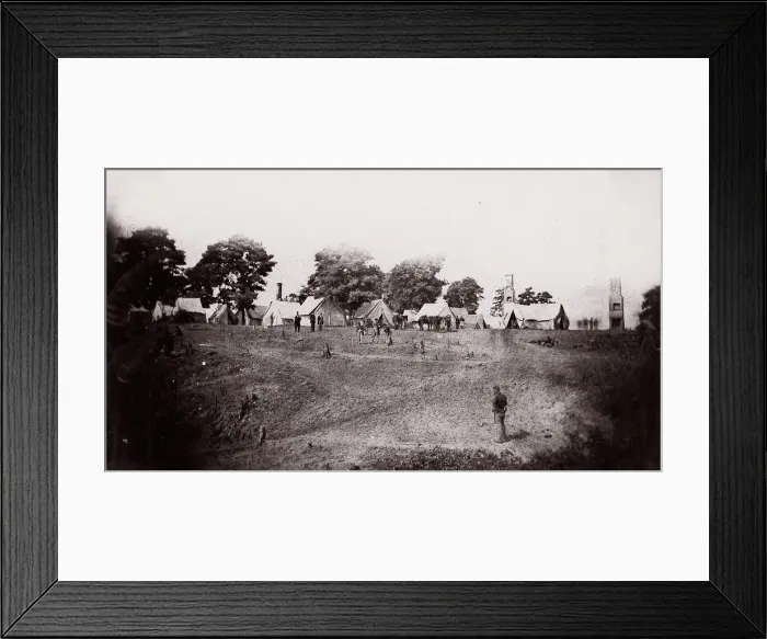 Framed Print : [Unidentified camp with ruined chimneys in background]. Brady album, p. 130, 1861-65