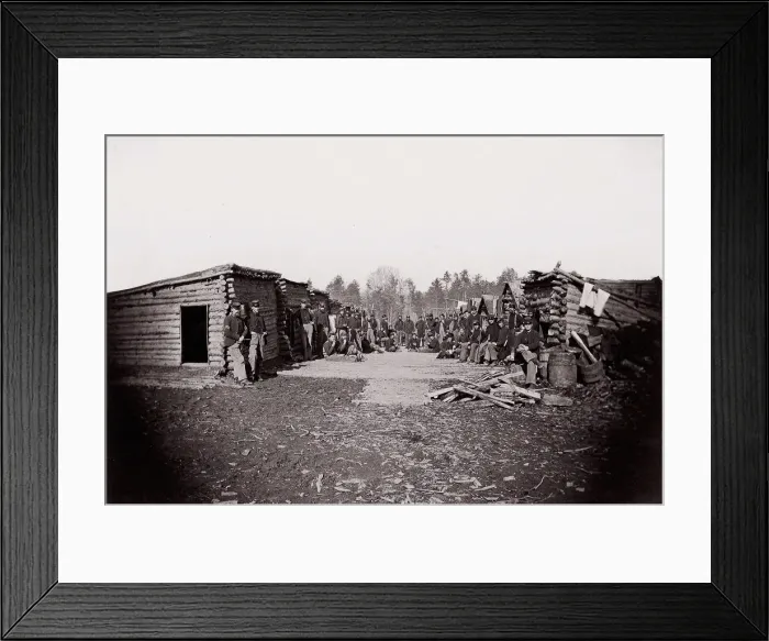 Framed Print : [Winter Quarters, troops with row of cabins]. Brady album, p. 128, 1861-65