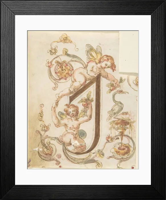 Framed Print : Decorative Letter I'with Putti (Embroidery Design?), 16th century Framed Print : Decorative Letter I'with Putti (Embroidery Design?), 16th century