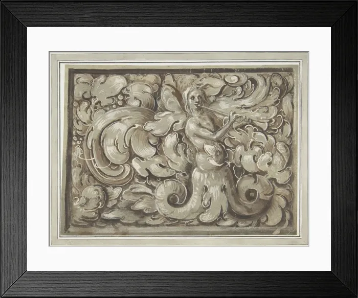 Framed Print : Nymph Playing a Horn (recto); Bracket with a Mans Head (verso), 16th century Framed Print : Nymph Playing a Horn (recto); Bracket with a Mans Head (verso), 16th century