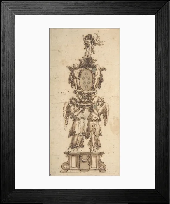 Framed Print : Design for a (Temporary?) Structure consisting of Two Angels carring Framed Print : Design for a (Temporary?) Structure consisting of Two Angels carring