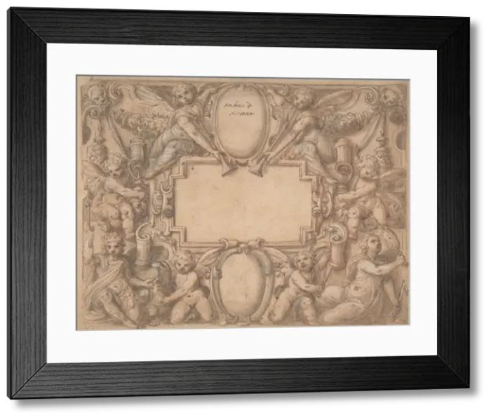 Framed Print : A Cartouche and Two Shields Surrounded by Allegorical Figures. 1570-1631 Framed Print : A Cartouche and Two Shields Surrounded by Allegorical Figures. 1570-1631
