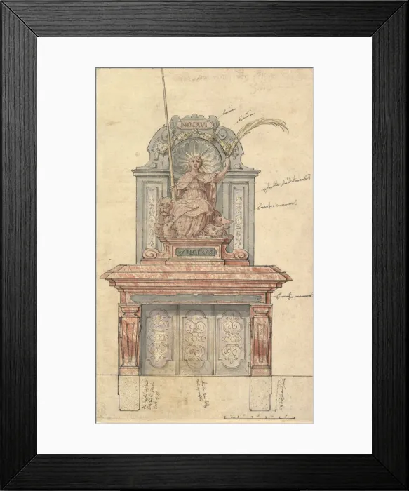 Framed Print : Design for a Chimneypiece with a Personification of Virtue, 1616. Creator: Anon Framed Print : Design for a Chimneypiece with a Personification of Virtue, 1616. Creator: Anon