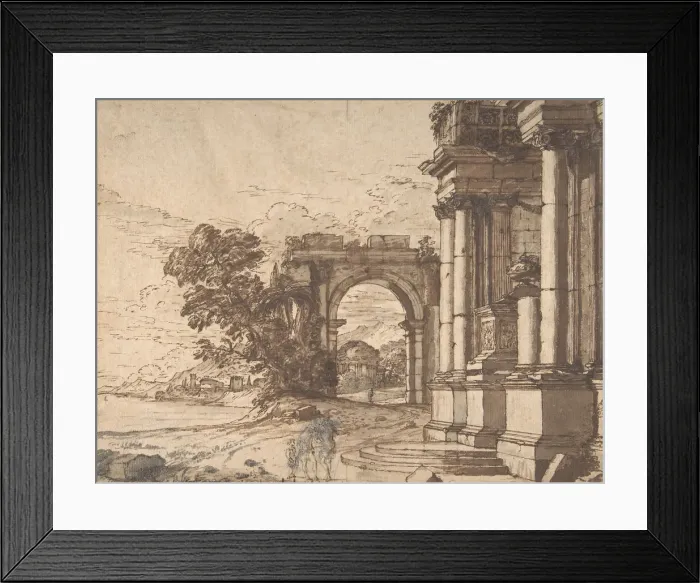 Framed Print : Landscape with Classical Architecture by a Lake, 17th century. Creator: Anon Framed Print : Landscape with Classical Architecture by a Lake, 17th century. Creator: Anon