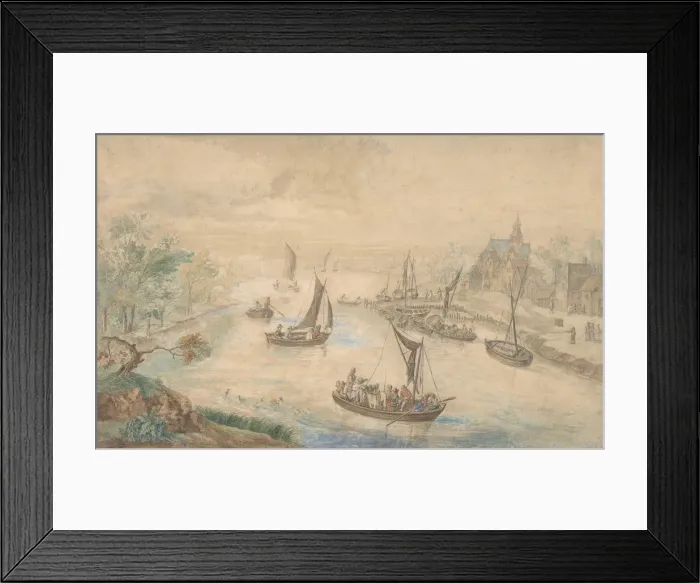 Framed Print : Landscape with River in the Center, with Ferryboat, 18th century (?). Creator: Anon Framed Print : Landscape with River in the Center, with Ferryboat, 18th century (?). Creator: Anon