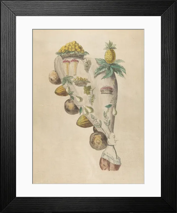 Framed Print : Fantastic Hairdresses with Fruit and Vegetable Motifs, 18th century. Creator: Anon Framed Print : Fantastic Hairdresses with Fruit and Vegetable Motifs, 18th century. Creator: Anon