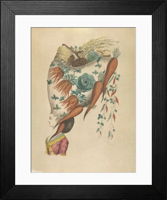 Framed Print : Fantastic Hairdress with Fruit and Vegetable Motif, 18th century. Creator: Anon Framed Print : Fantastic Hairdress with Fruit and Vegetable Motif, 18th century. Creator: Anon